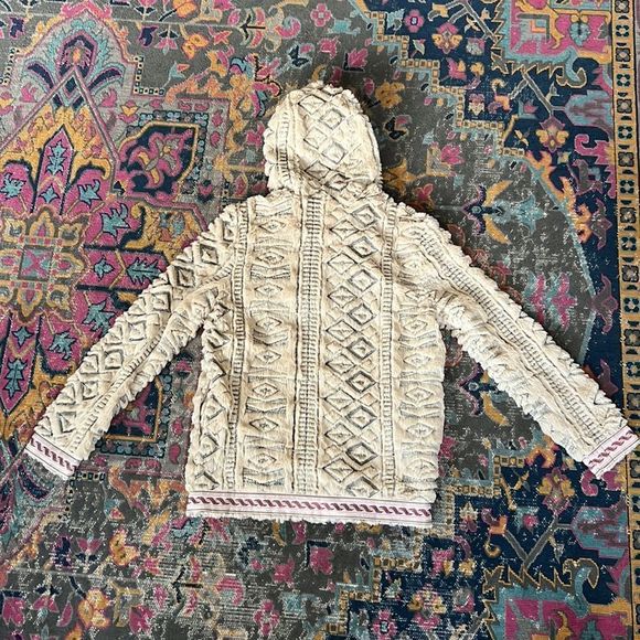 Embroidered Pattern Fur Zip Up Coat with Hood & Shimmer Ribbon lined sz Small - Picture 11 of 11